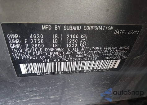 2022 Subaru Legacy Premium z USA, uszkodzony, nr VIN 4S3BWAD60N3004468